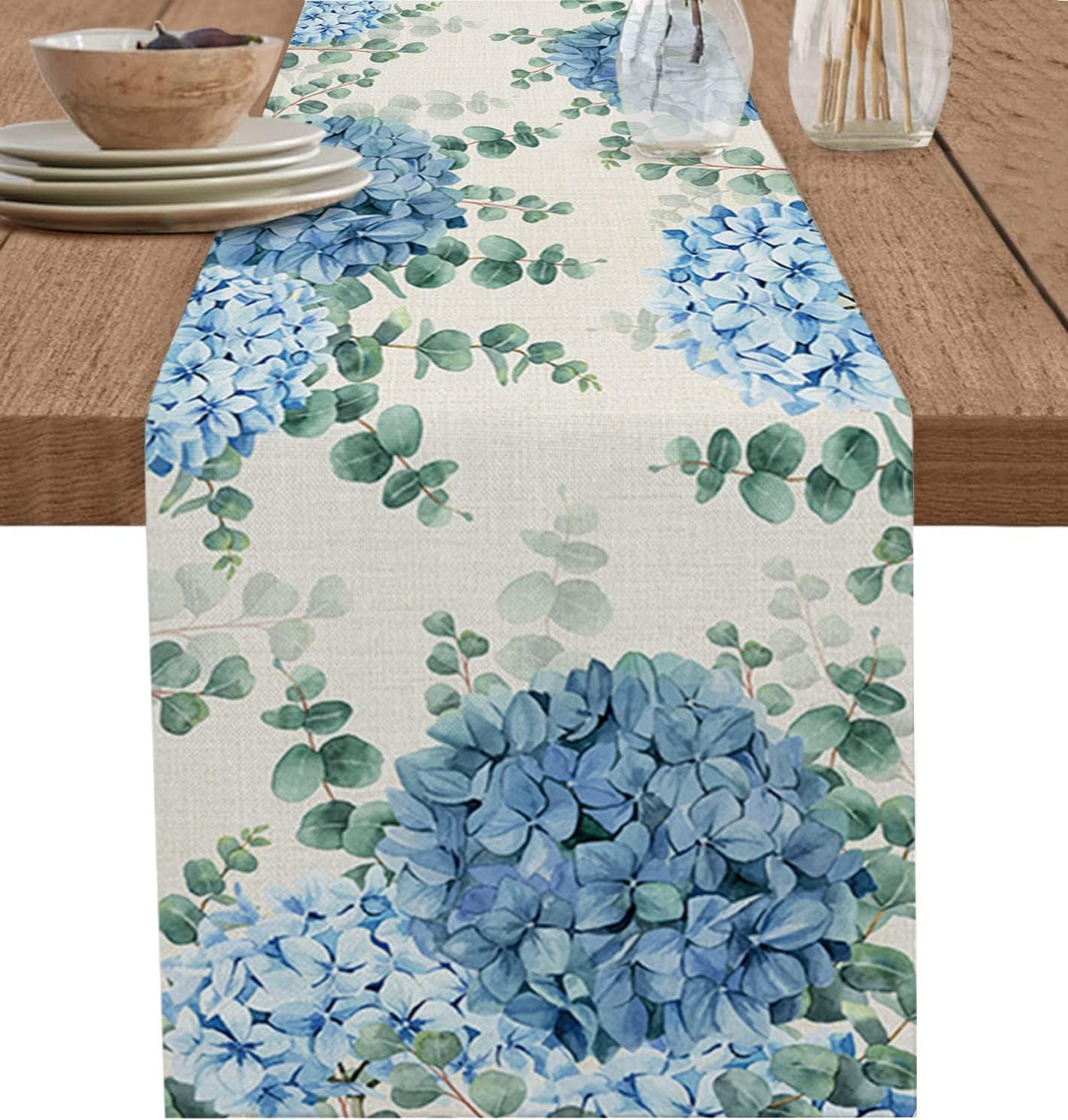 Linen Table Runner - 블루 수국 유칼립투스 리넨 테이블 러너