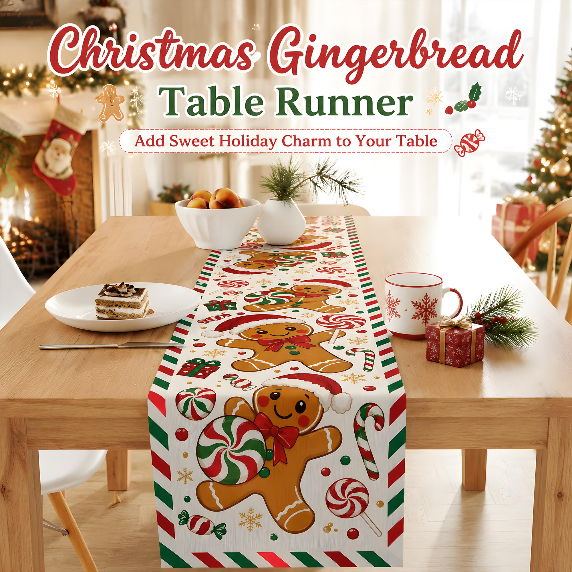 Linen Table Runner - 크리스마스 진저브레드맨 테이블 러너, 귀여운 사탕