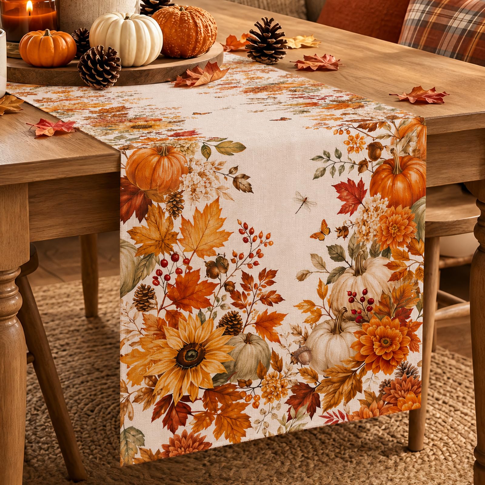 Linen Table Runner - 가을 해바라기 호박 단풍잎 테이블 러너,