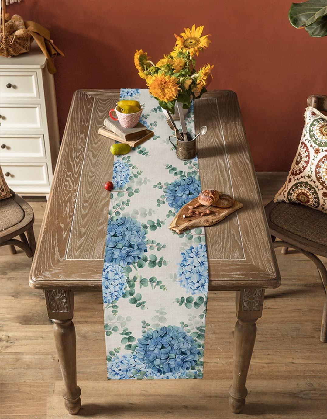 블루 수국 유칼립투스 리넨 테이블 러너 드레서 스카프  - Linen Table Runner 리뷰 및 가격