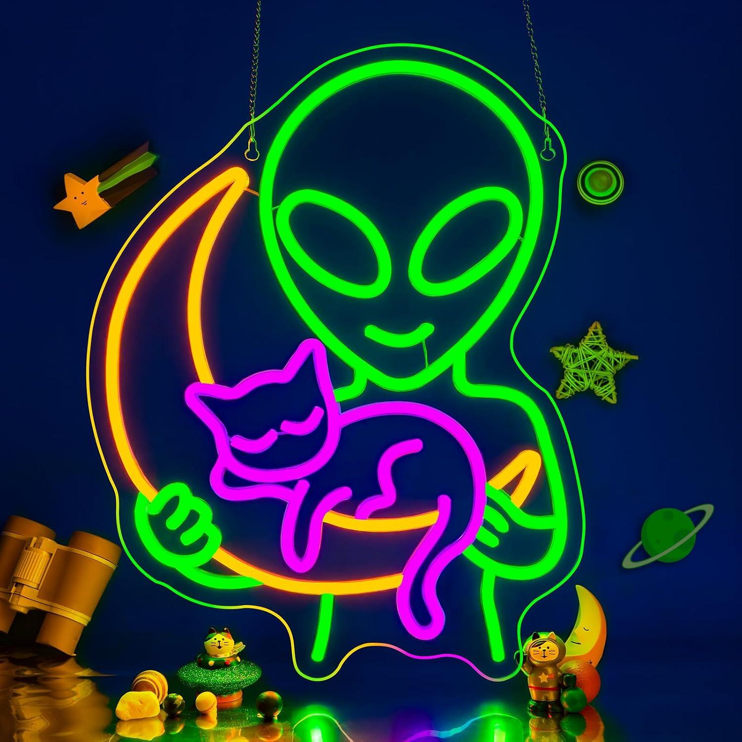 외계인 고양이 네온사인, 잠든 고양이 달 모양 LED  - Home Decor Theme 리뷰 및 가격