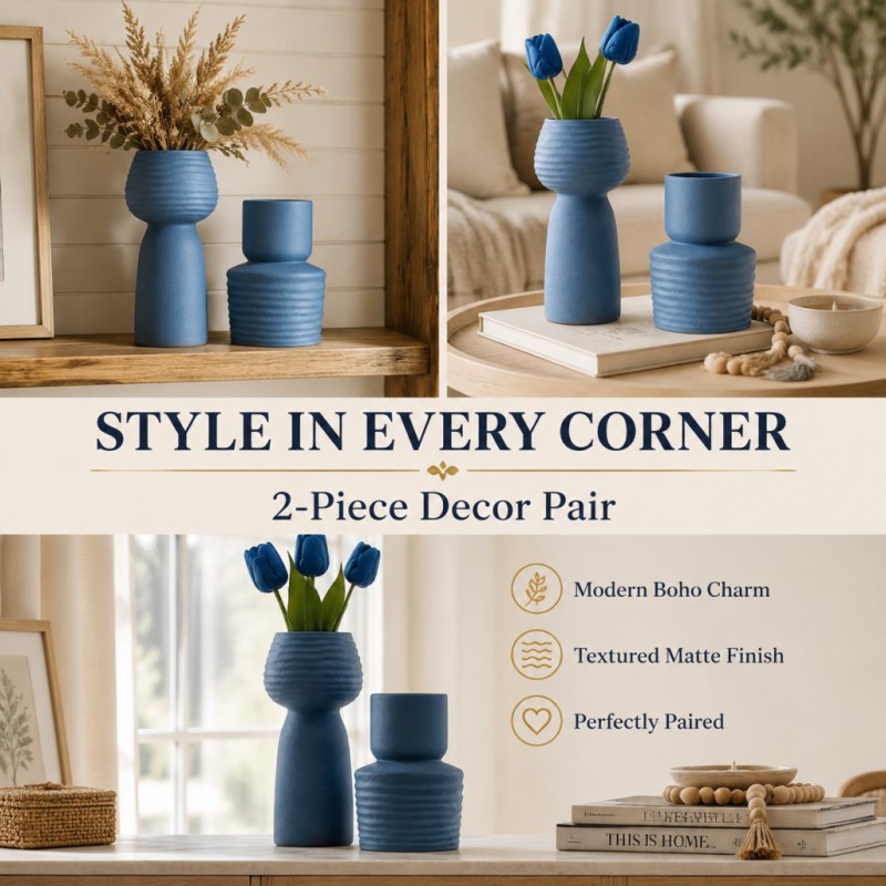 2개 세트 거친 질감의 파란색 꽃병 세트 무광 PLA  - Pampas Grass Decor 리뷰 및 가격